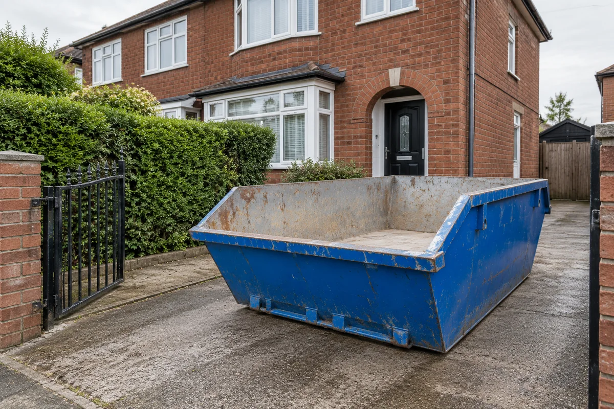 Blue skip in a private space beside a home