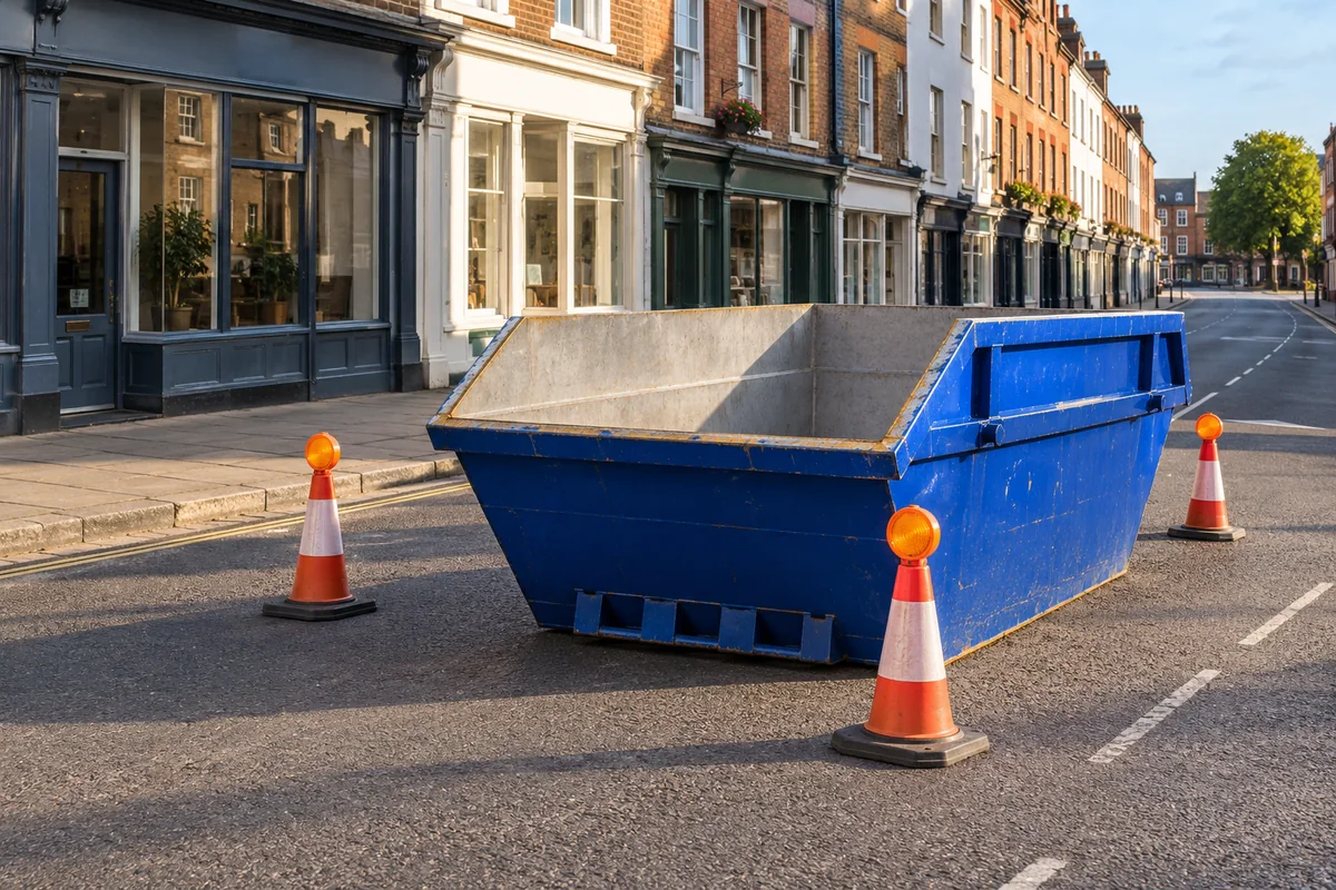 Blue skip beside a clear pavement and buildings