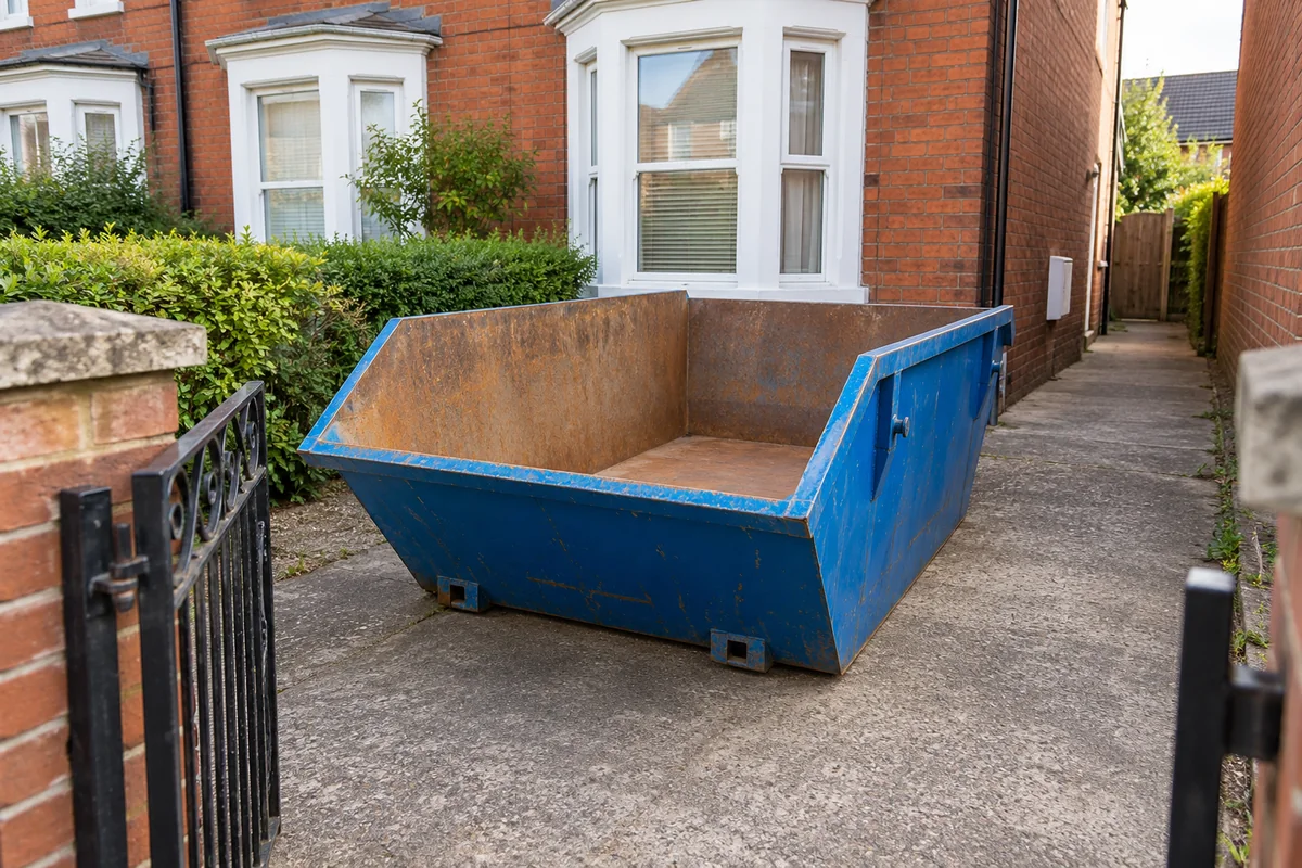 Blue skip beside a British home with clear access