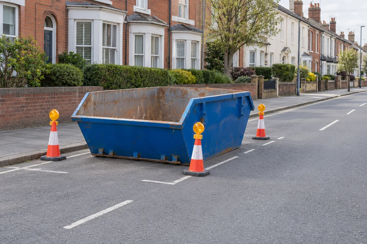 Blue skip in a roadside space with cones and lamps