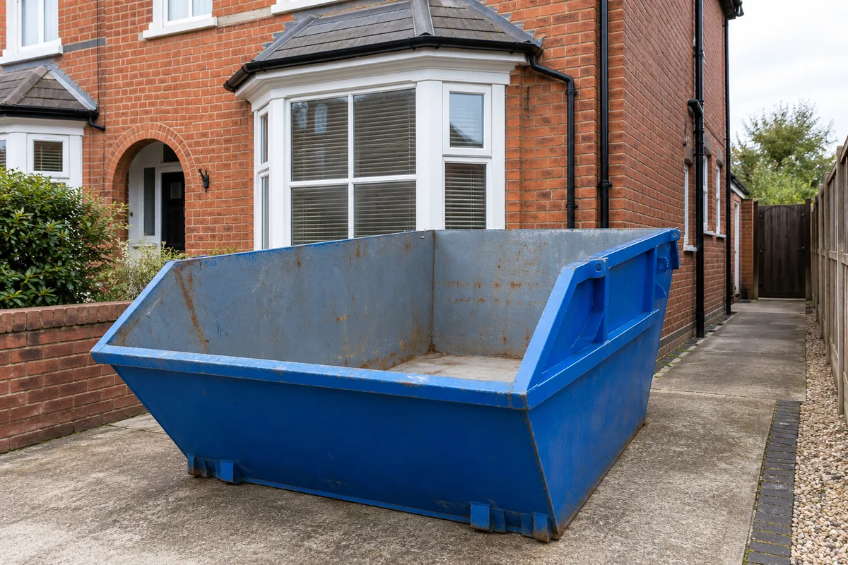 Blue skip in a private space beside a home